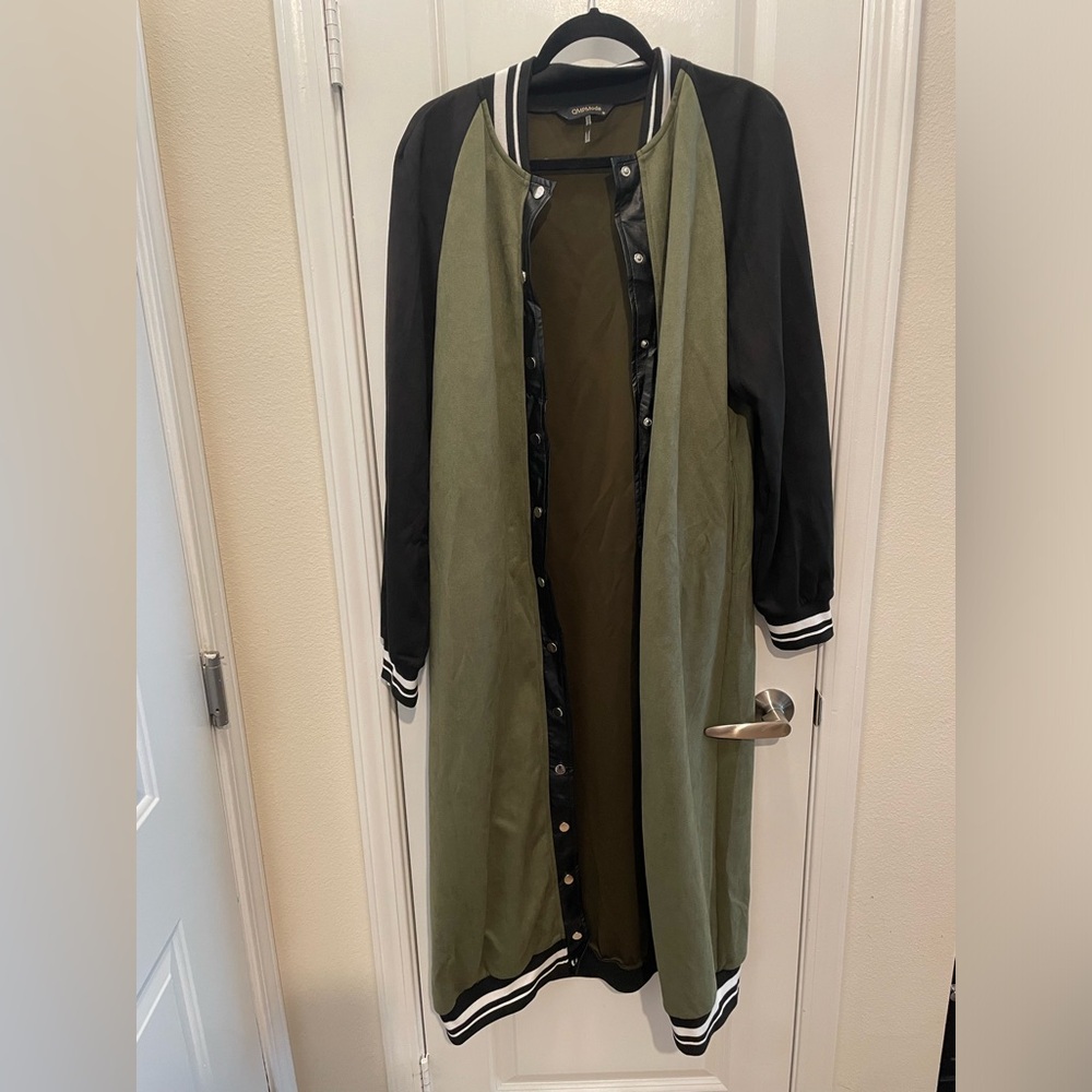 Extra long green and black jacket.